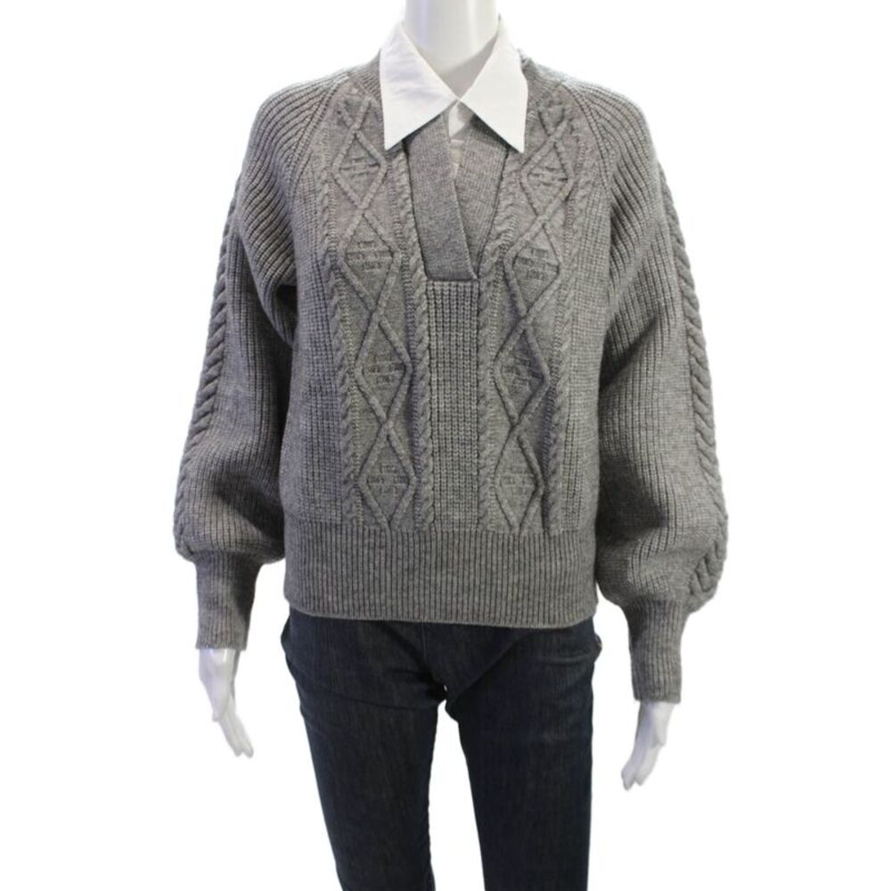 Avantlook Women Collared Argyle Pullover Linen Sweater Gray Long Sleeve Size L